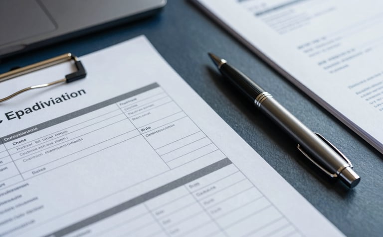 A high-angle close-up of a professional desk with a dark slate blue surface. A set of technical car appraisal documents and a sleek pen are visible. The scene is lit with natural, professional lighting, reflecting a trustworthy atmosphere.