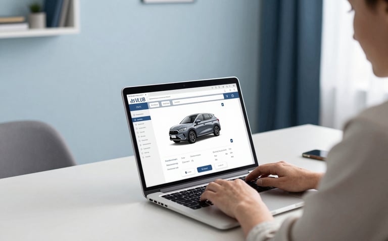 A modern home office setting with a person using a laptop to review a car valuation interface. The room is bright and minimalist with very pale blue walls and charcoal blue accents, conveying a seamless online service experience.