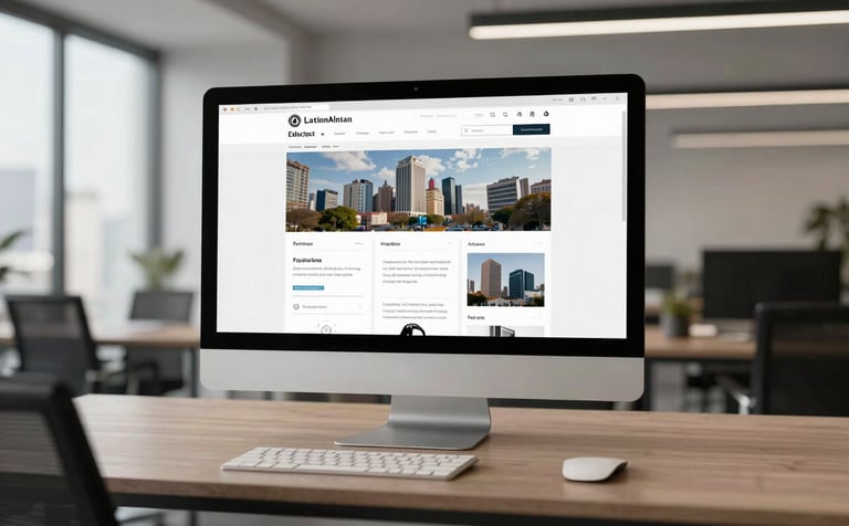 A wide photography shot of a high-end minimalist office space in a Latin American city. A large desktop monitor shows a sophisticated website structure with multiple interlinked pages. The lighting is sophisticated, emphasizing efficiency and modern professionalism.