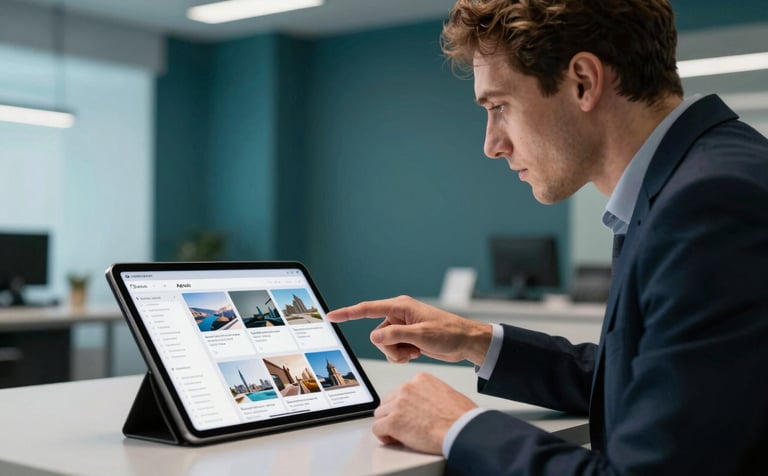 A professional in a Spanish studio pointing to a tablet screen showcasing a sophisticated multi-page catalog. The environment is organized and modern with deep teal and light blue accents in the background architecture.