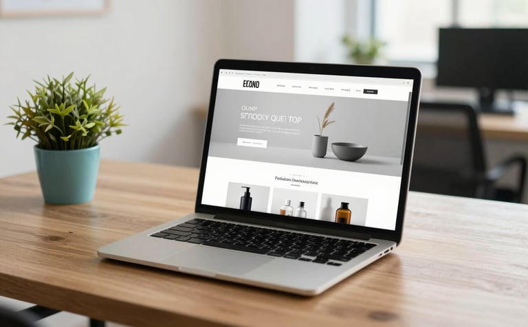 A laptop on a clean wooden desk in a bright, modern Latin American office. The screen displays a professional, minimalist website template with a product gallery. Soft natural lighting and a small plant in a teal pot create a professional yet accessible atmosphere.