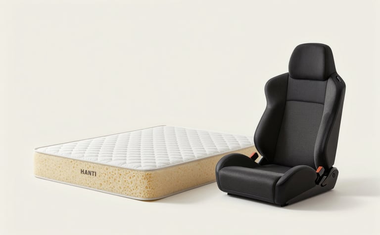 A clean, studio-style composition showcasing the diverse applications of HANTI foams. In the frame, we see a high-density mattress core, an ergonomic car seat component, and a piece of fitness equipment. The presentation is organized and professional against a neutral off-white background.