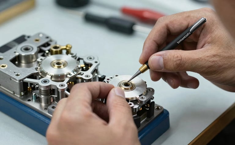 Close-up of a skilled technician's hands working on a sophisticated mechanical part in a well-lit América do Sul / Brasileiro garage. The scene conveys expertise and technical precision, using a palette of slate blue and pearl white tones.