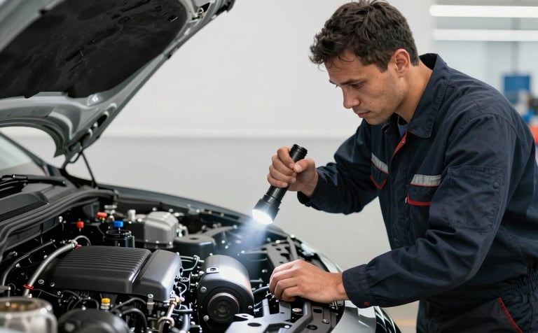 A professional mechanic in a clean América do Sul / Brasileiro workshop wearing a dark navy uniform, focused on inspecting a car engine with a high-tech flashlight. The lighting is bright and industrial, reflecting a modern and functional workspace with pearl white walls.
