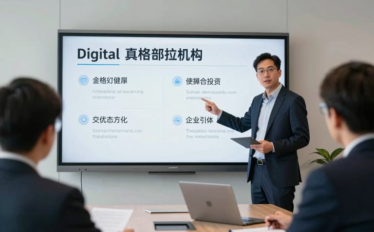 A professional North American business setting where a technical consultant is presenting a digital transformation strategy on a large screen in a bright, modern conference room.