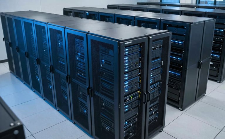 A high-angle photograph of a clean, modern North American corporate data center with steel blue server racks and soft blue ambient lighting. The scene is efficient and highly functional.