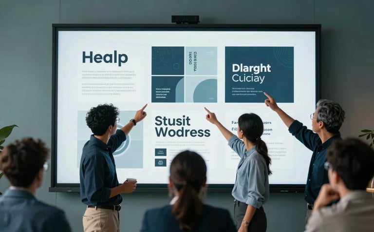 A collaborative business setting where a diverse team is reviewing branding concepts on a large screen. The scene is illuminated with muted slate teal and deep charcoal blue tones, reflecting a modern and creative agency environment.