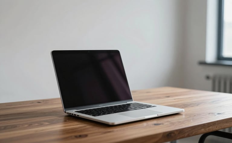 A high-end, minimalist workspace featuring a slim silver laptop on a polished wooden desk. The background is softly blurred with elegant mist white walls and a hint of soft steel blue decorative elements. Natural light creates a professional and clean atmosphere.