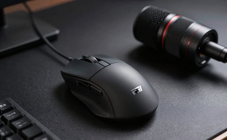 A close-up shot of high-quality tech gear on a matte black desk in a North American / US studio. Professional lighting highlights the sleek textures of a gaming mouse and a minimalist microphone. The mood is futuristic and structured.