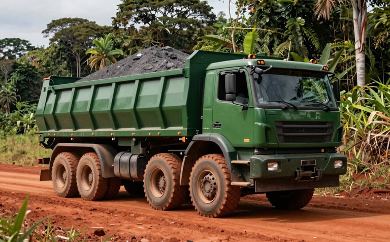 A heavy-duty industrial truck fully loaded with minerals parked on a red dirt road in the North region of Brazil. In the background, lush Amazonian vegetation. Low angle shot conveying power and logistics capacity. Colors: deep green, charcoal, and red earth.