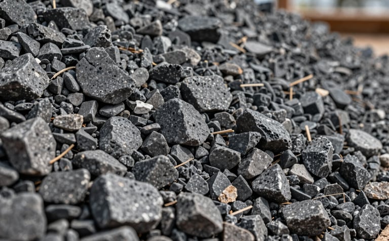 Detailed close-up photography of high-quality crushed stone (brita) at a construction site in Brazil. Sharp textures and industrial aesthetic. Hard natural lighting highlighting the strength of the material. Colors include dark grey and charcoal.