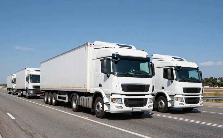 A fleet of clean, modern logistics trucks driving on a wide North American highway under a clear blue sky, professional transportation photography, emphasizing movement and reliability.