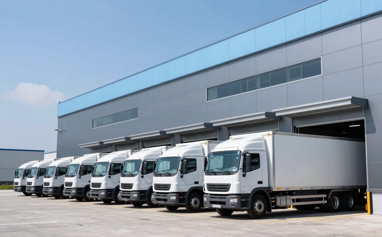 A clean, modern distribution center with a row of logistics trucks docked at bay doors. Sleek contemporary architecture in light blue and slate gray. Global international setting.