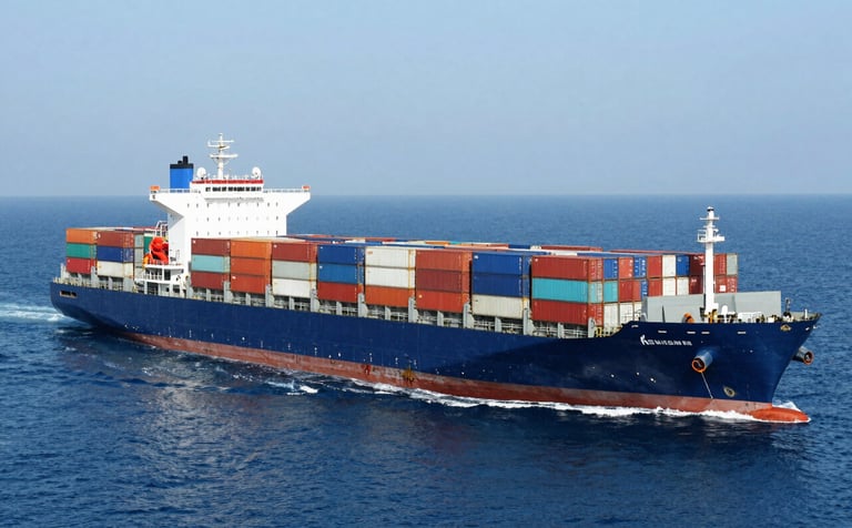 A wide-angle shot of a massive ocean freighter loaded with shipping containers, navigating through calm deep blue waters. Bright, clear daylight with a professional, clean aesthetic. Global international setting.