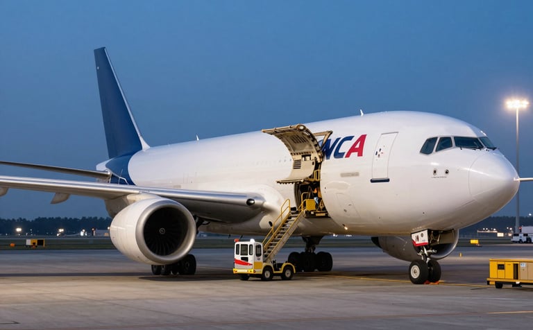 A modern cargo aircraft being loaded at an international airport at twilight, bright ground lights illuminating the scene, professional North American logistics setting, crisp and sharp focus.