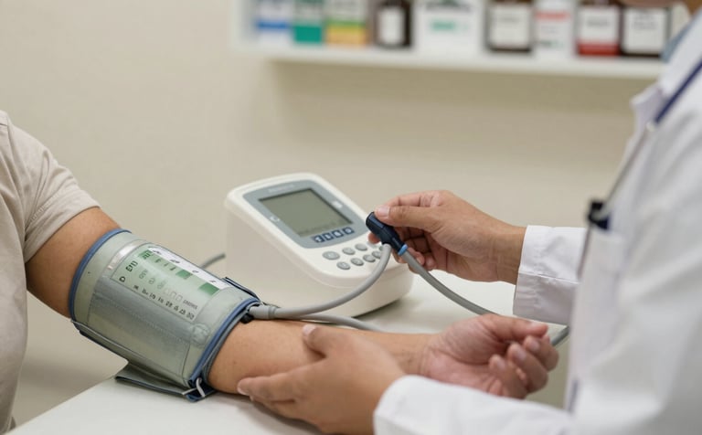 Close-up of a health professional in a South American / Brazilian pharmacy checking a patient's blood pressure, focusing on the equipment and the supportive posture, Soft Cream background colors.