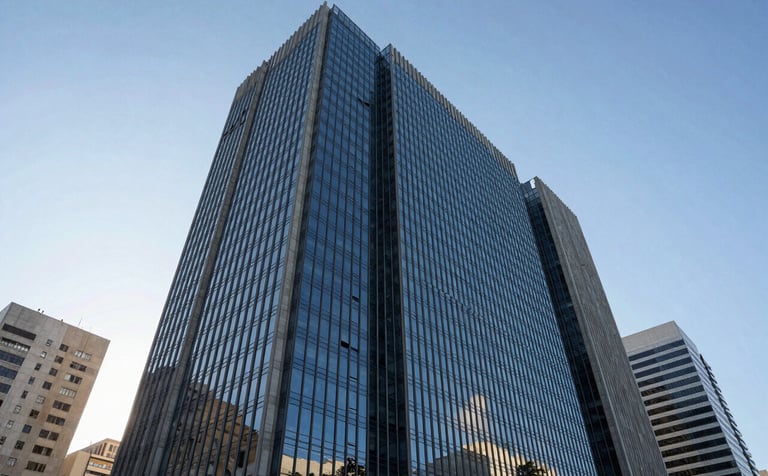 A professional wide-angle photograph of a modern corporate building in a South American / Brazilian metropolitan area. The sky is clear, reflecting off the glass facade. The lighting is bright and natural, conveying a sense of stability and institutional strength, with deep blue and light grey tones in the architecture.