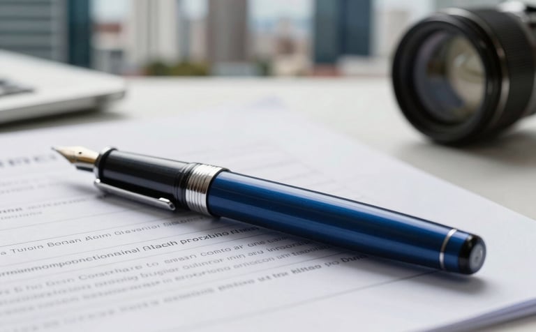 Close-up of a high-quality fountain pen and a sophisticated financial report on a clean desk. In the background, a blurred modern office in a South American / Brazilian city suggests a busy professional environment. The lighting highlights textures and deep blue tones, evoking trust and meticulous attention to detail.
