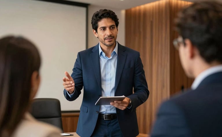 A professional medium shot of a South American / Brazilian consultant in a sharp navy suit presenting a proposal to a client. They are in a high-end office with wooden accents. The lighting is warm yet professional, creating an atmosphere of trust and high-level financial guidance. Elements of navy blue and sky blue are visible.
