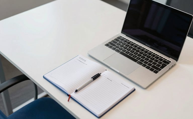 An aerial view of a professional, modern desk in a Brazilian corporate hub. The arrangement is organized and clean, featuring a notepad with professional notes and a sleek laptop. The style is forward-thinking and trustworthy, utilizing the palette of off-white and medium blue for a sense of calm authority.