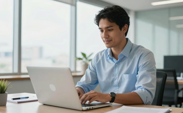 A professional in a bright, modern South American office setting, focused on a laptop screen with an expression of quiet confidence. The composition is clean and optimistic, with natural light pouring through large windows. The scene includes subtle hints of a Brazilian corporate environment. Colors involve light blue and off-white tones.