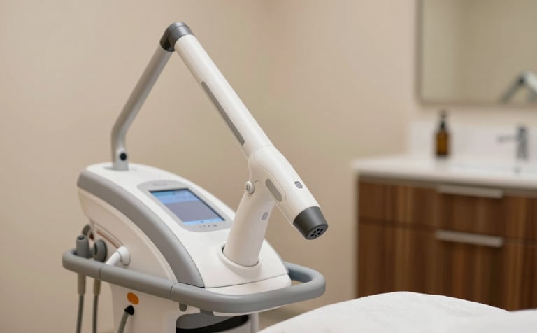 Sophisticated medical laser equipment in a luxury aesthetic clinic. Soft focus on the technology, with a background of warm sand colors #F9F4ED and professional wood accents #4A433D. Modern and trustworthy vibe.