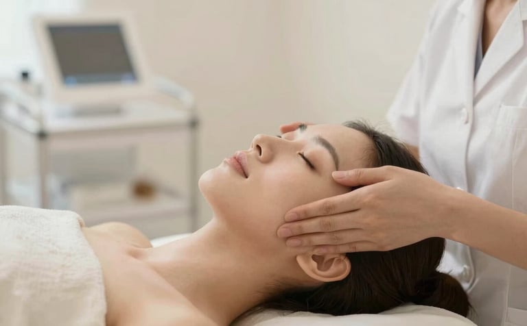 Close-up of a serene patient receiving a gentle facial treatment in a bright, modern clinic. The lighting is soft and warm. The color palette includes beige sand #DDCDBB and off-white #F9F4ED tones. Professional and elegant atmosphere.
