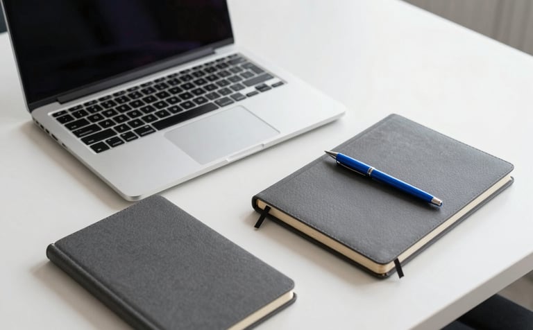 A high-angle photography shot of a sleek, modern North American / US office desk. On the white surface sits a professional laptop, a charcoal grey notebook, and a vibrant blue pen. The lighting is bright and clean, conveying a highly professional and innovative strategic atmosphere.