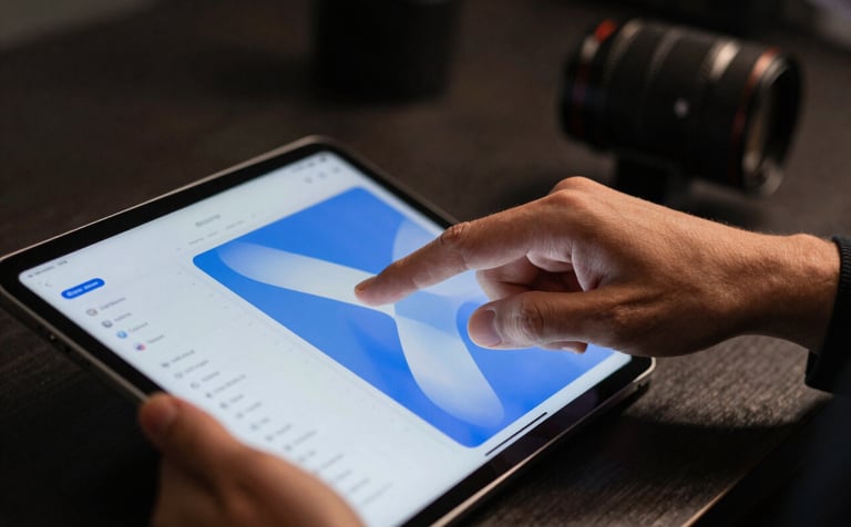 A close-up photograph of a professional's hand interacting with a sleek tablet in a modern North American / US studio. The tablet screen shows a clean interface with vibrant blue accents. The lighting is focused and results-oriented, emphasizing a sophisticated technological approach.