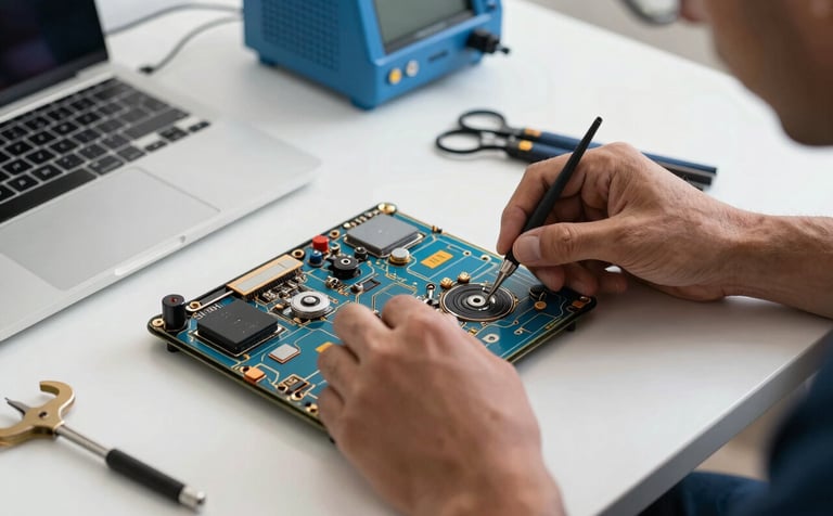 A detailed shot of a Sul-Americano / Brasileiro IT technician's hands carefully repairing a high-performance laptop on a clean white workbench. Precision tools and blue diagnostic equipment are visible. The lighting is bright and professional, emphasizing reliability and precision.