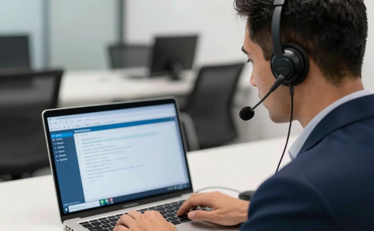 A professional interpreter working in a sophisticated Sul-Americano / Brasileiro corporate environment, wearing a sleek headset. A laptop screen in front shows translation software with a clean blue interface. The mood is focused and reliable, with a white and dark blue color palette.