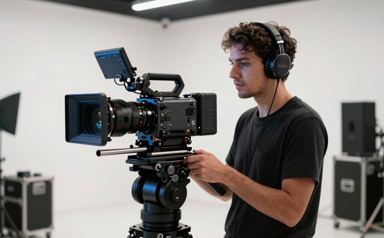 A professional filmmaker in a modern Sul-Americano / Brasileiro studio setting, operating a high-end cinema camera on a gimbal. The lighting is cinematic with soft white and blue highlights. The background is a clean, minimalist production space with black equipment and white walls.
