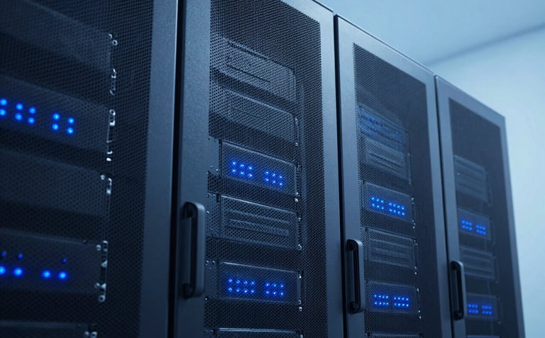 A clean, professional photograph of a modern server room with glowing blue LED indicators, emphasizing a deep steel blue and pale sky blue color palette. The lighting is crisp and forward-thinking.
