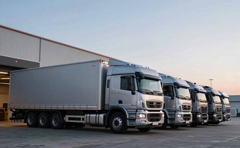 A crisp photograph of a modern cargo transport fleet parked at a loading dock during the blue hour. Soft silver gray truck trailers are aligned perfectly against a clean industrial backdrop with subtle pale blue lighting.