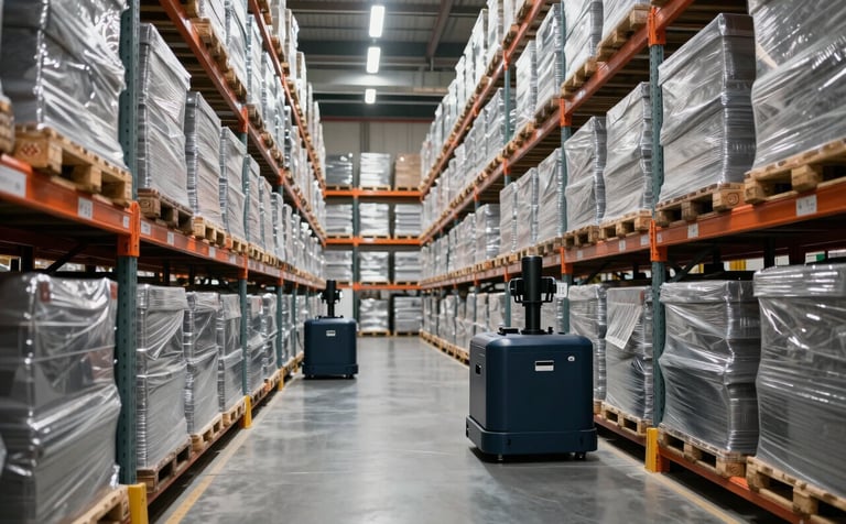A perspective-driven photograph of a pristine, high-tech warehouse interior. High shelves store organized silver gray pallets under bright, even lighting. Dark navy blue automated floor equipment moves between aisles.