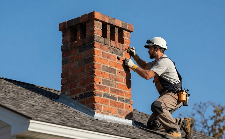 Clean photography of a chimney stack on a North American residential roof against a bright blue sky. A masonry specialist in professional gear is performing expert tuckpointing and repair work on the brickwork.