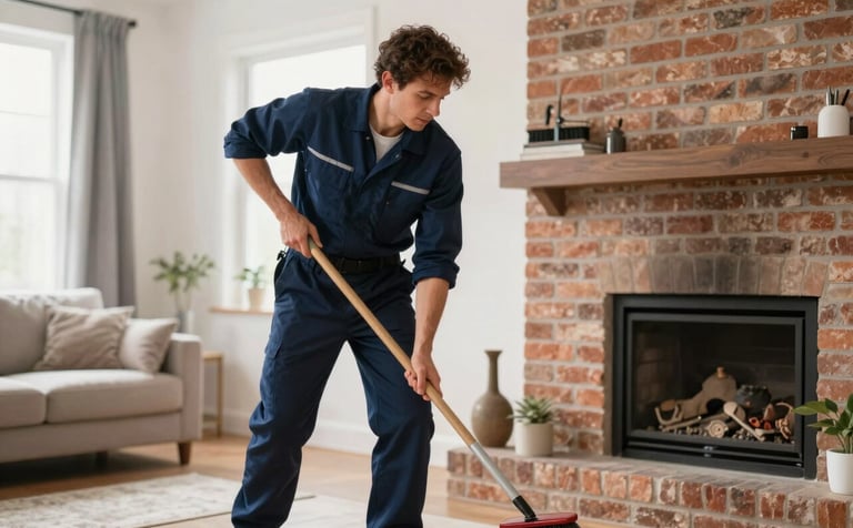 Professional photography of a chimney sweep in a dark blue uniform using a traditional cleaning brush inside a clean, modern North American living room with a brick fireplace. Bright, natural lighting and a focus on safety.