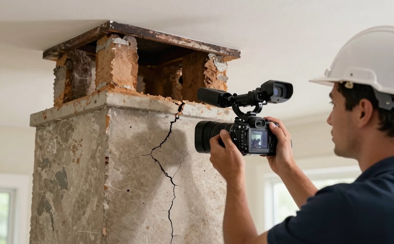 Detailed photography of a specialist performing a Level 2 safety inspection in a North American home, using a high-definition video camera to inspect the chimney interior for cracks and structural integrity.