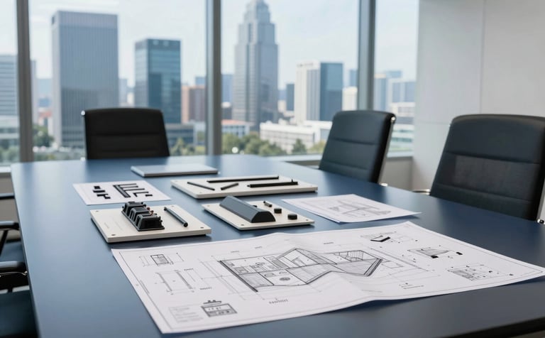 A high-end professional boardroom in an International Corporate Business setting with a view of a modern skyline. On a polished dark blue table, several product prototypes and architectural blueprints are laid out for inspection. The lighting is clean and bright, emphasizing a mood of reliability and precision.