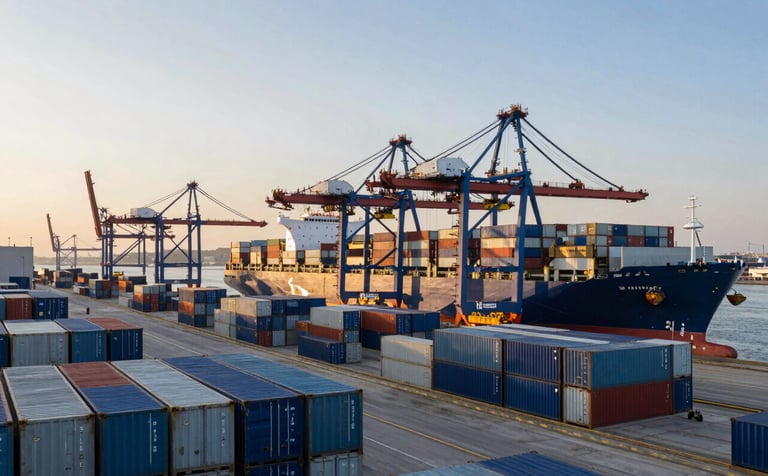 A sprawling, modern shipping port in an International Corporate Business hub during the golden hour. Rows of blue and grey cargo containers are neatly stacked, with a massive vessel being loaded efficiently by industrial cranes against a clear sky. The scene conveys global reach and logistics strength.