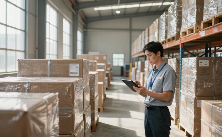 Interior of a vast, clean, and organized contemporary warehouse. Sunlight streams through high windows, illuminating rows of high-quality goods packaged for international export. A worker in corporate professional attire reviews a digital tablet, emphasizing efficient supply chain management.