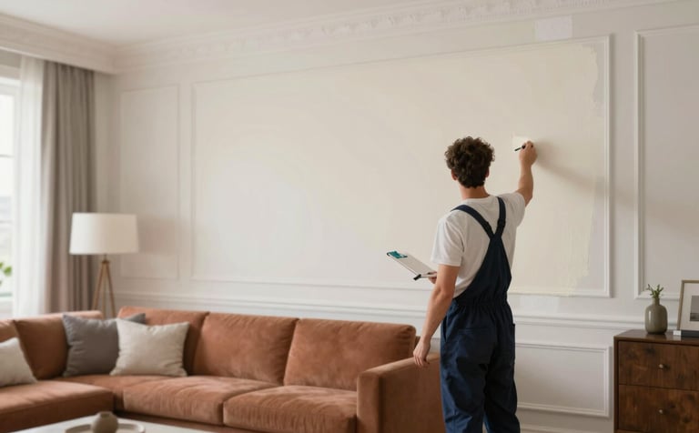 A high-end Auckland living room featuring a sophisticated residential interior. A professional painter in clean gear is carefully applying cream-colored paint (#faf7f2) to a wall near classic white molding. The room is styled with elegant, cozy furniture and warm lighting, incorporating subtle terracotta (#c4622d) and navy (#0e1c2f) decor accents. Soft, natural morning light.