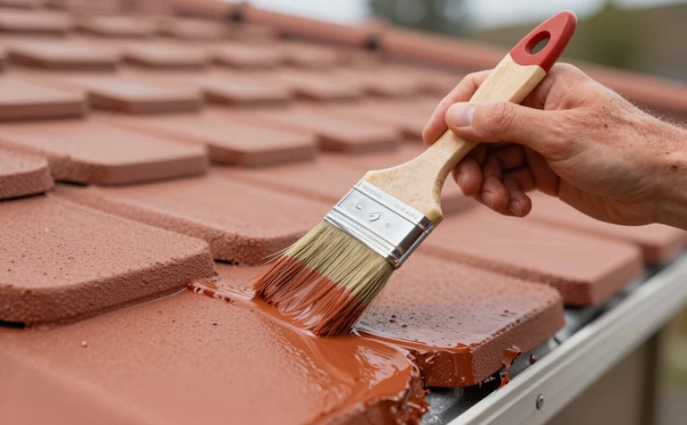 A close-up shot of a professional painter's hand using a high-quality brush to apply a terracotta-colored (#c4622d) coating to a residential roof detail. The focus is on the precision and quality of the texture. Professional, high-contrast lighting emphasizing the crisp finish and clean lines.