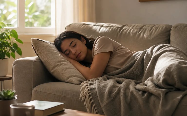 A woman taking a peaceful nap on a comfortable sofa with a warm blanket in a sunlit living room.