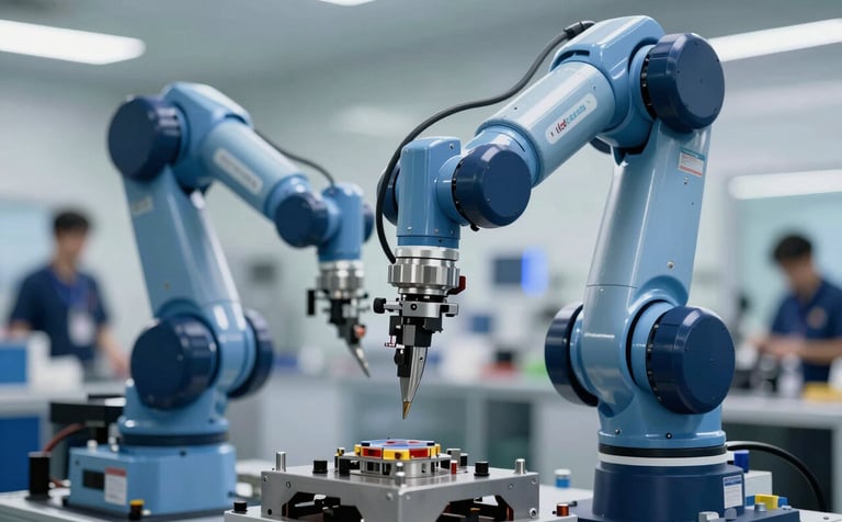 Close-up of a high-precision industrial robotic arm being serviced by a technician in a clean, modern factory. The lighting is bright and technical, with the brand's palette of deep blues (#1E3A4D) and steel blues (#4B6B87) reflected in the metallic surfaces and tool handles. Professional and trustworthy atmosphere.