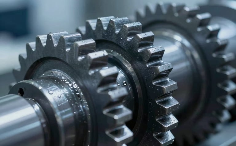 A close-up of heavy industrial gears perfectly lubricated and gleaming under professional studio-style industrial lighting. Dominant tones of #1E3A4D and #4B6B87. The image communicates reliability, durability, and high-end technical maintenance.