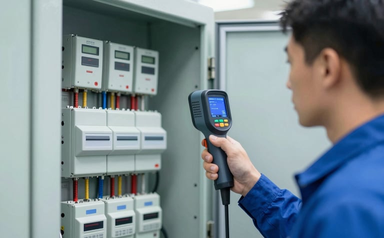 A technical professional inspecting an industrial electrical panel with a thermal imaging camera. Clean industrial environment, using the brand colors #4B6B87 and #AEC3D5 in the equipment and shadows. Sharp focus on precision and technical expertise.