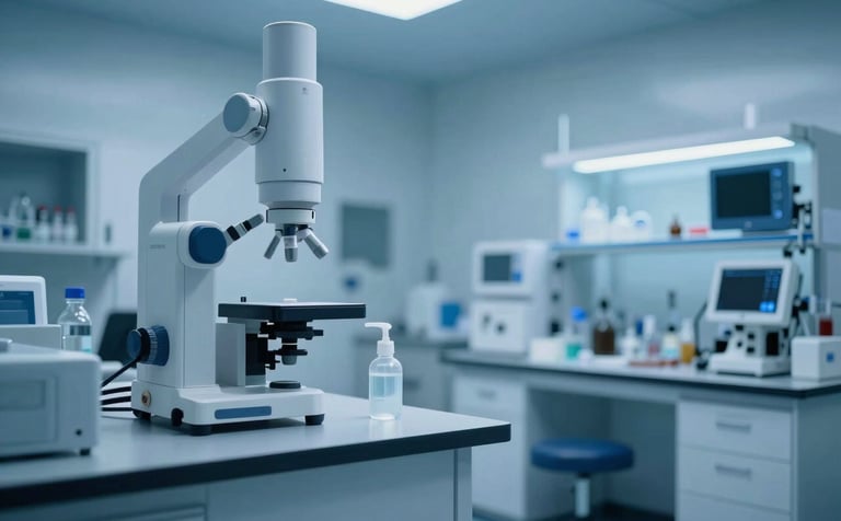 A forward-thinking medical research environment with sleek, high-end laboratory equipment. The vibe is one of serene competence and professional dedication. The palette features deep blues #2C576C and crisp highlights of #E6F0F4, emphasizing medical advancement.