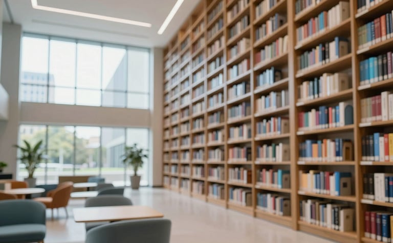 A sophisticated, clean image of a modern academic library with tall bookshelves and large windows. The lighting is bright and natural, reflecting an elegant and inspiring atmosphere. Subtle brand colors #70A2B6 and #E6F0F4 are integrated into the modern furniture and architectural details.