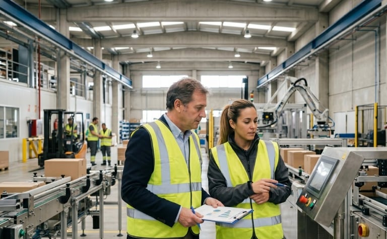Consultor trabajando junto al equipo operativo en planta industrial